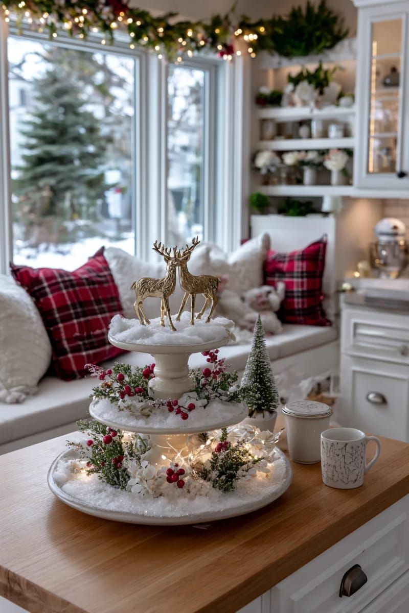 15. Multi-level tray featuring small reindeer, artificial snow, and twinkling lights for the kitchen