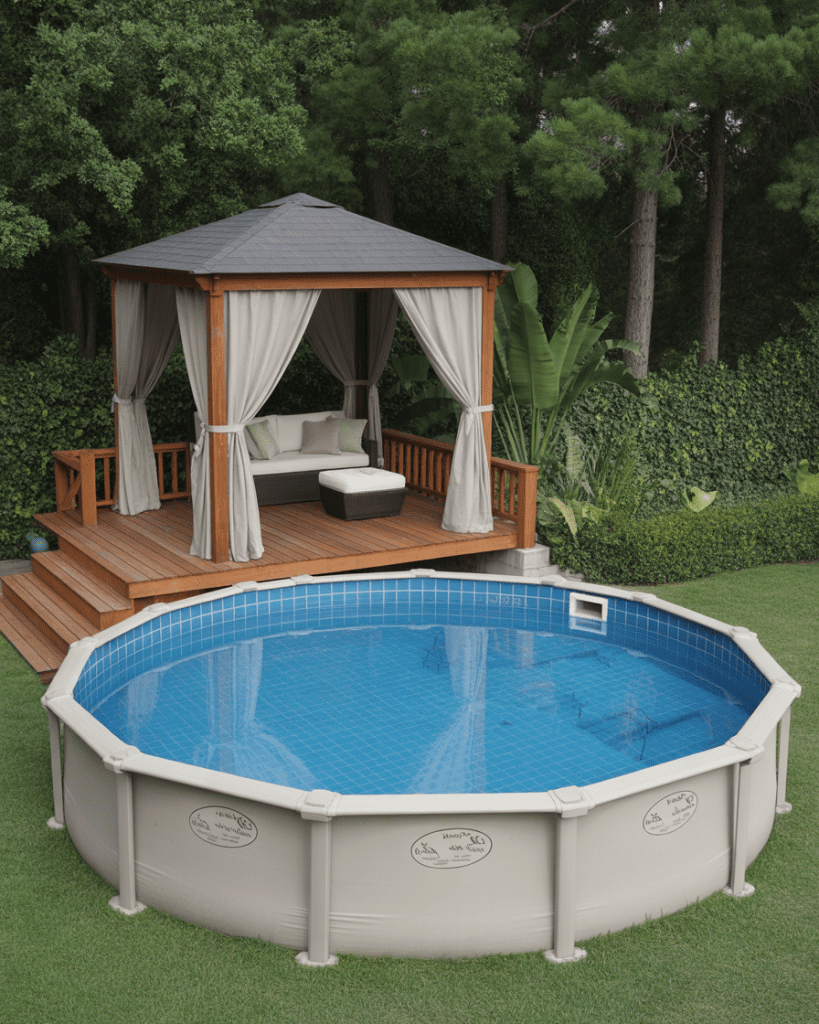 Round Pool Deck with a Cozy Gazebo