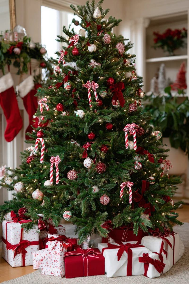 9. Classic red and green tree with candy canes