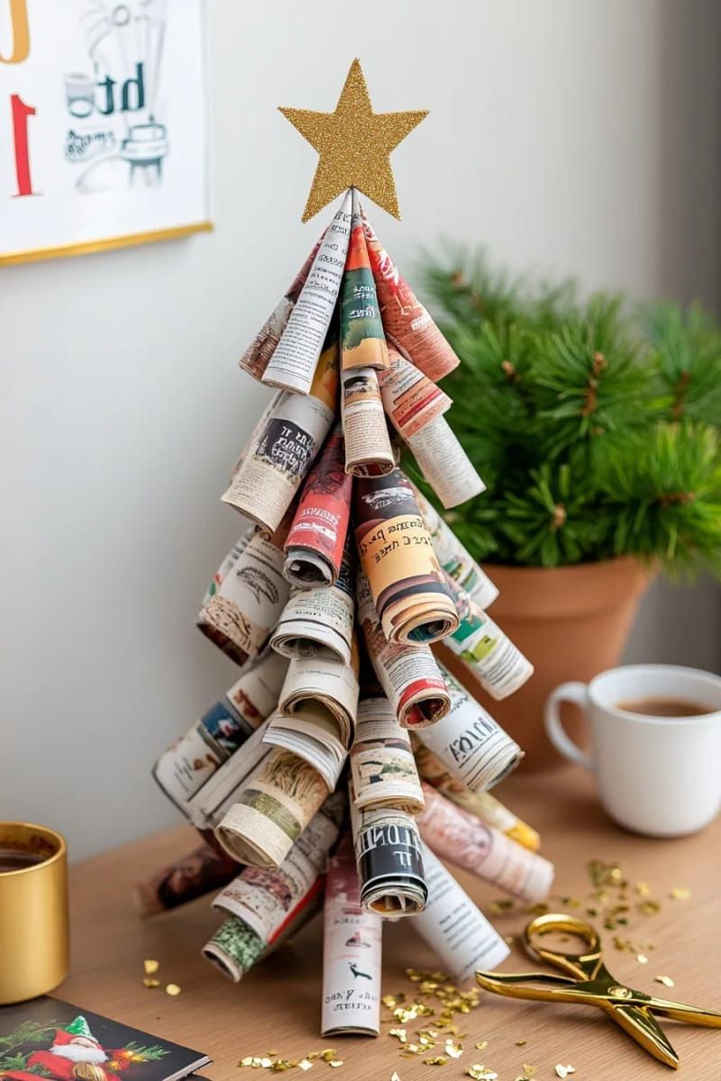 17. Magazine page tree sculpture featuring a gold star decoration on top - photo 2