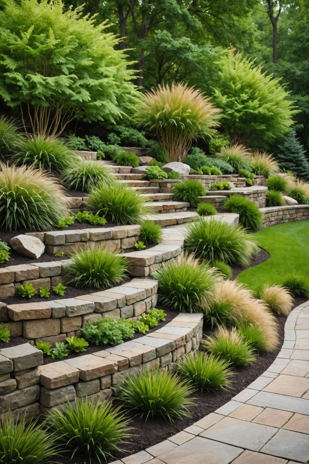Tiered Wall with Ornamental Grasses