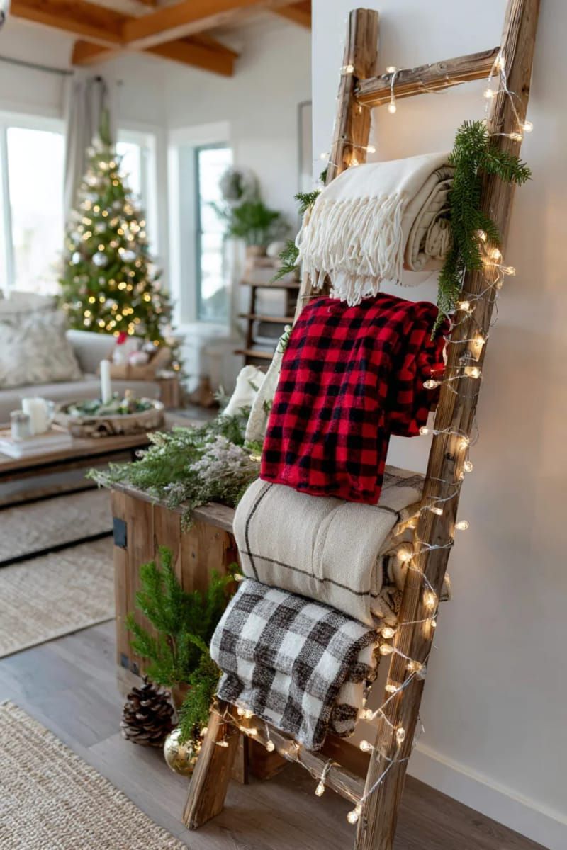 10. Rustic Ladder Styled with Plaid Blankets and Lights - photo 2