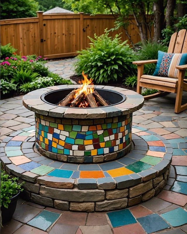 Flagstone Fire Pit with Mosaic Tile Border