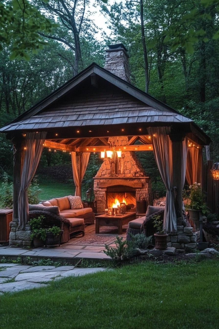 18. Warm Up Inside a Glowing Stone Fireplace Gazebo