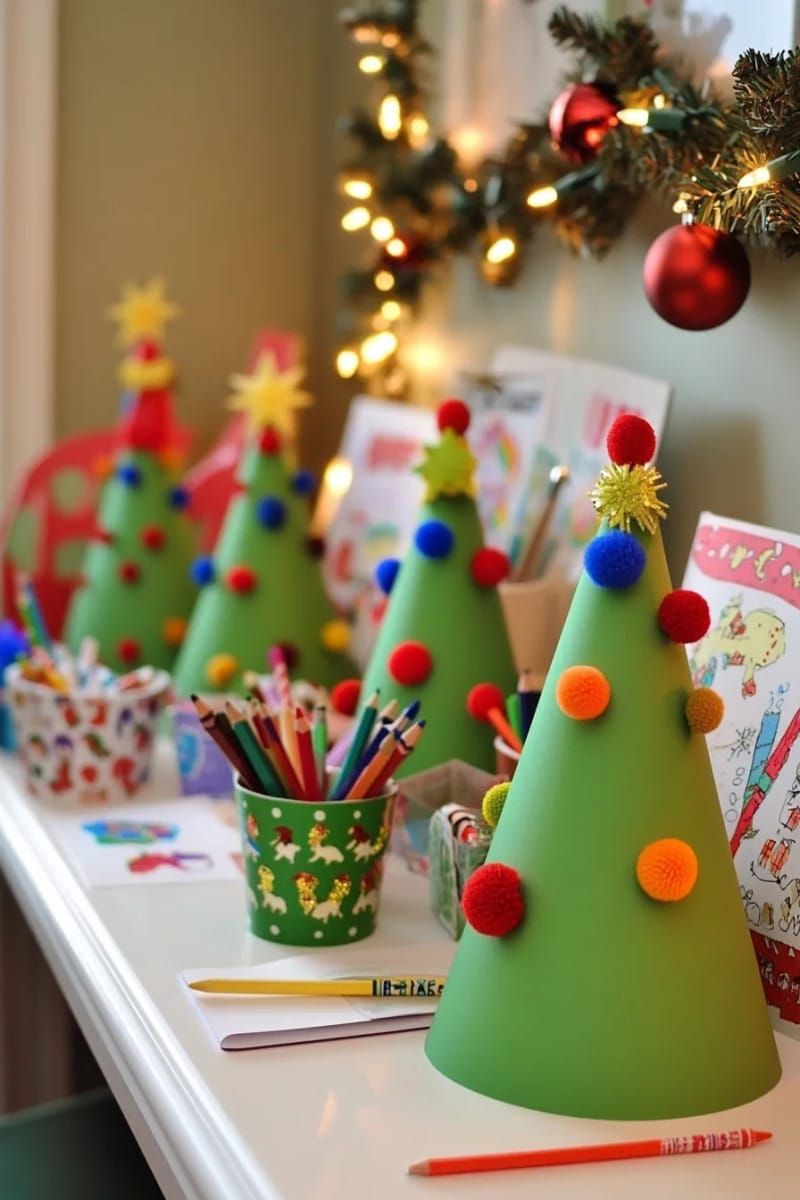 5. 3D cone trees with pom-poms for kids' desks