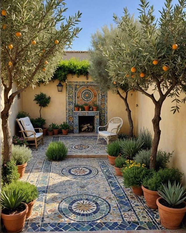 Mediterranean-Style Garden With Olive Trees And Mosaic Tiles