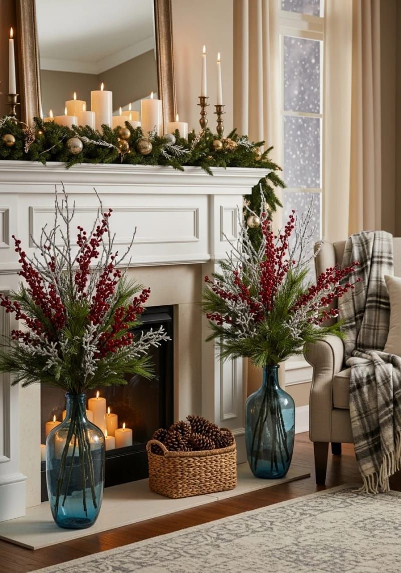 16. Red berry branch vases beside the fireplace