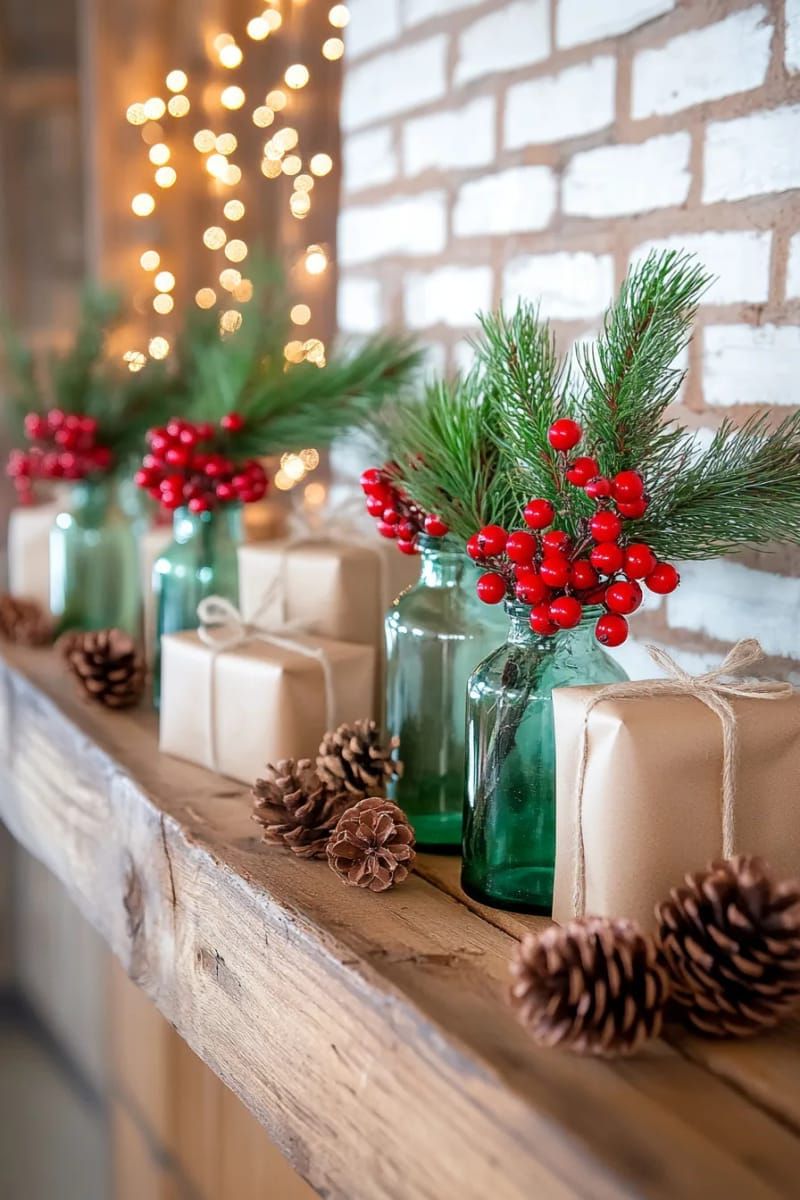 16. Pine Branches in Upcycled Bottles with Berry Twigs
