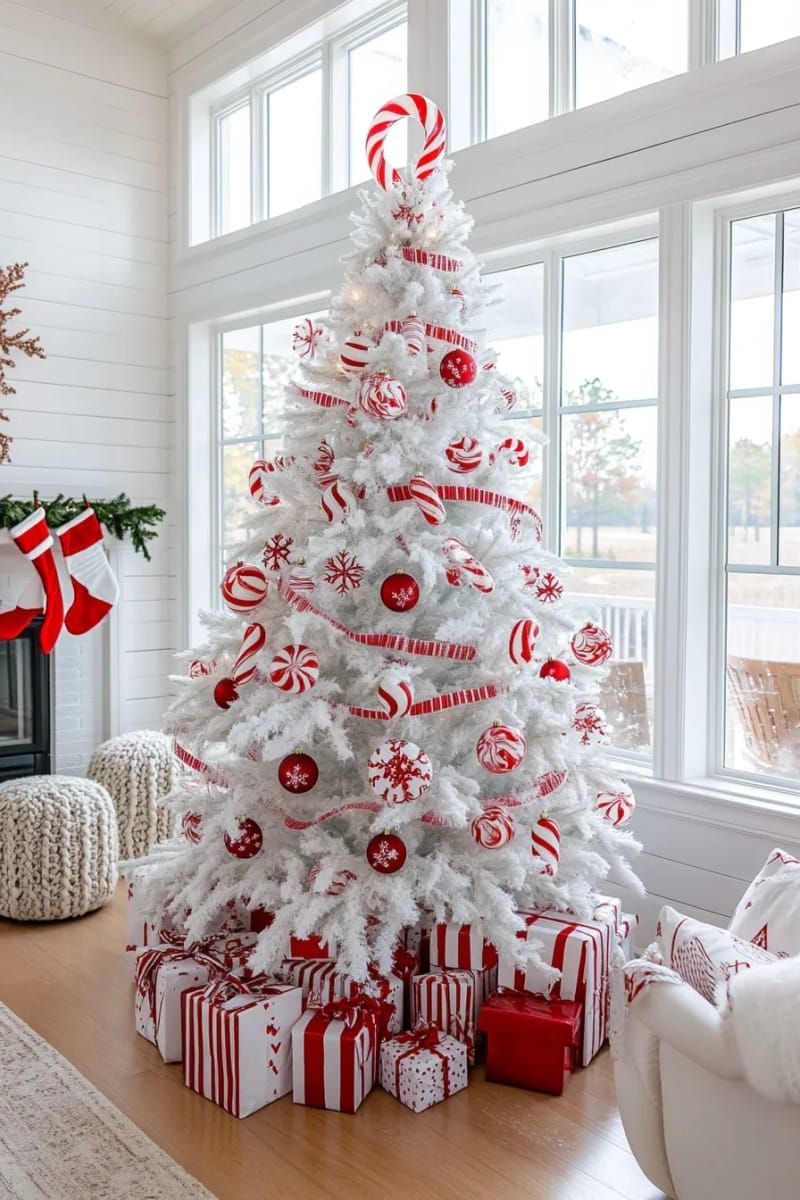 24. Striped red and white ribbon garland on a white tree - photo 2