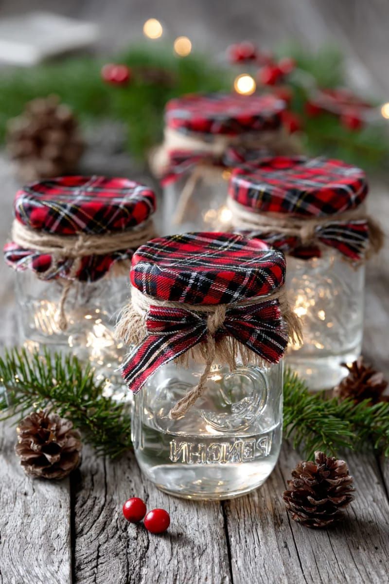 20. Twine-Wrapped Mason Jars with Plaid Bows