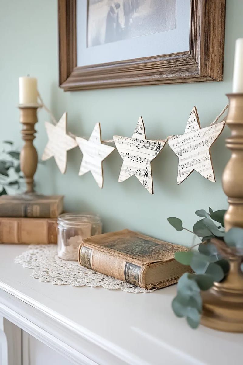 24. Vintage-style star garland made from sheet music paper