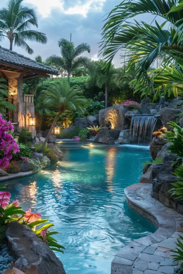 Tropical Waterfall Pool Paradise Ideas