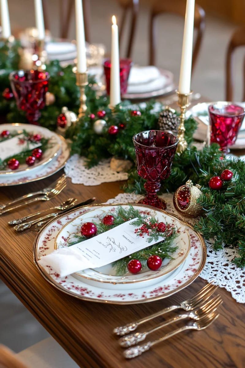 22. Victorian table settings with cranberry glassware