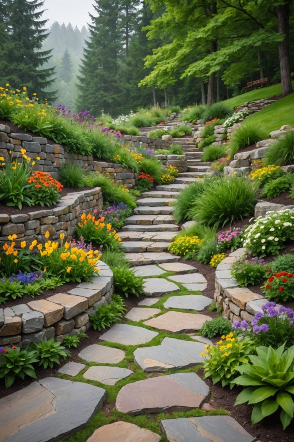 5) Natural Stone Accents for Hillside Yards