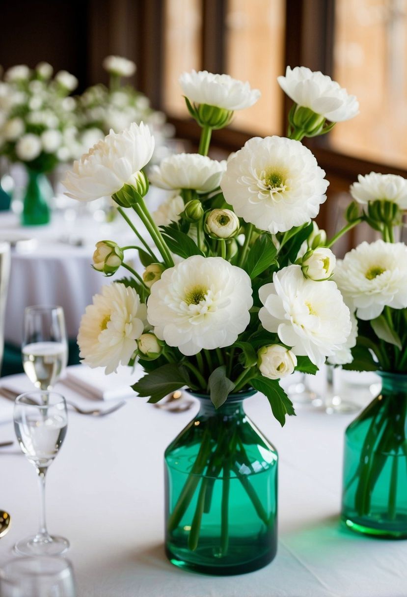 1) Grouped White Flowers in Green Vases