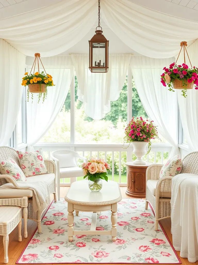 12. Screened Porch Decorated With Fresh Flowers