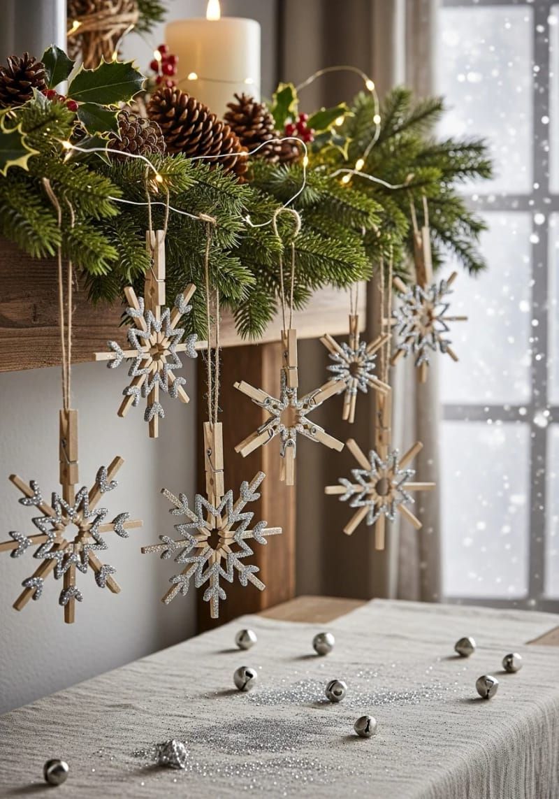 18. Silver glitter-dusted wooden snowflake ornaments made from clothespins
