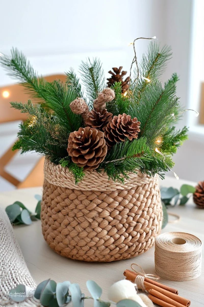 15. Jute Basket Vase With Pine Branches
