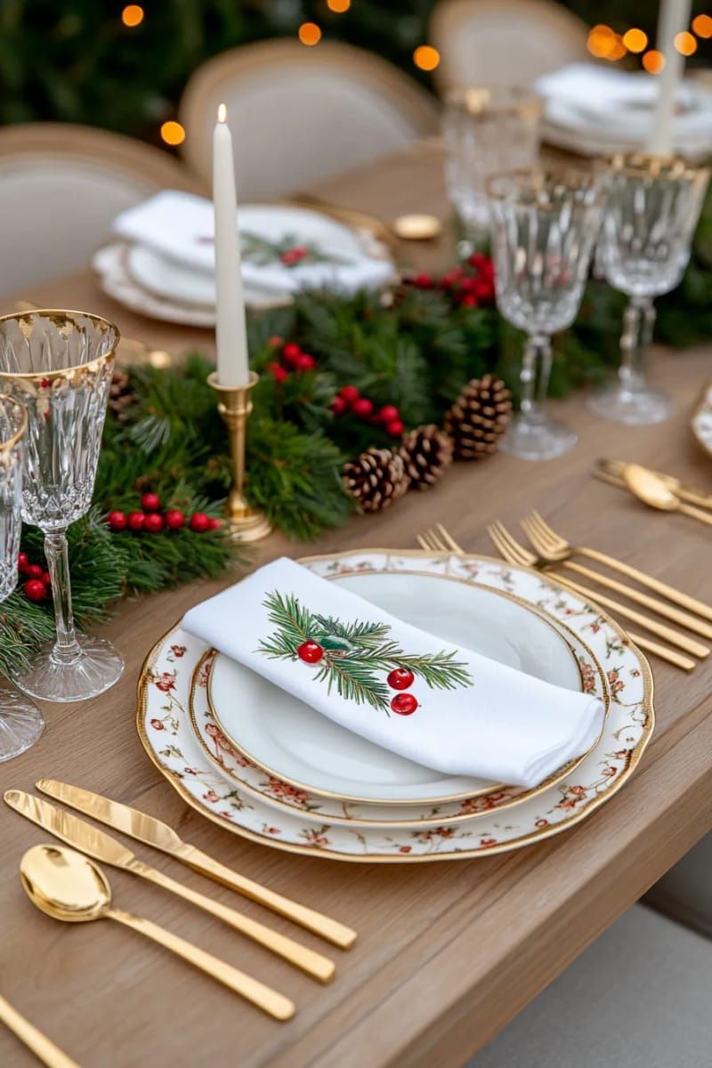 2. Gold-rimmed plates with holly napkin rings - photo 2