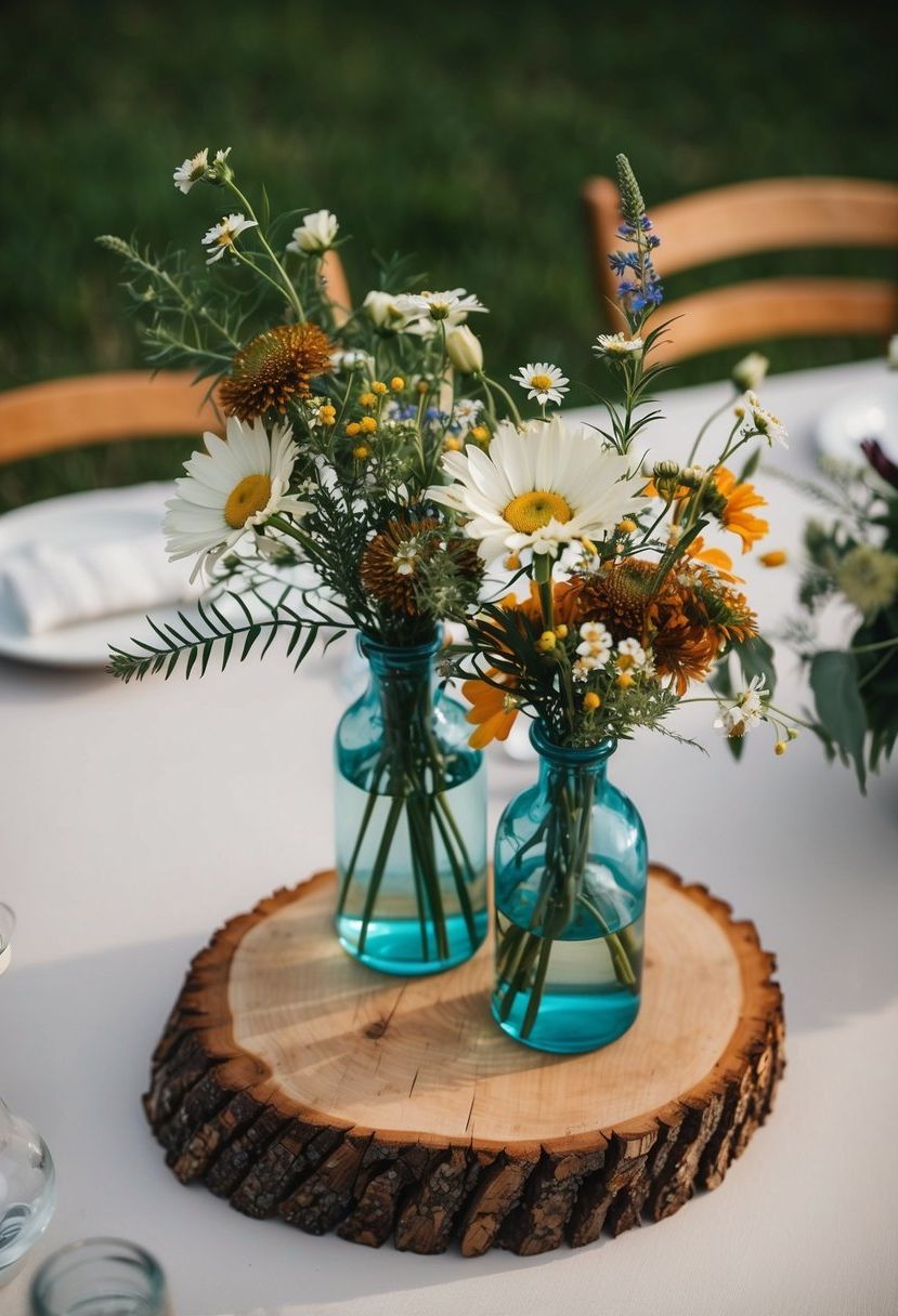 1) Natural wooden discs with flower vases