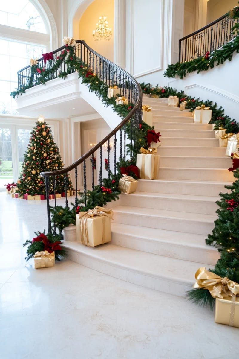 24. Garland-Wrapped Staircase With Gifts and Gold Ribbon