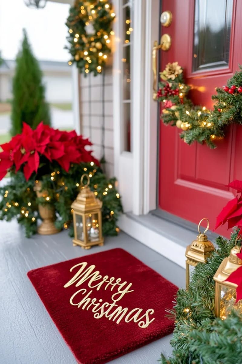 10. Red Velvet Doormat With Gold Merry Christmas Text