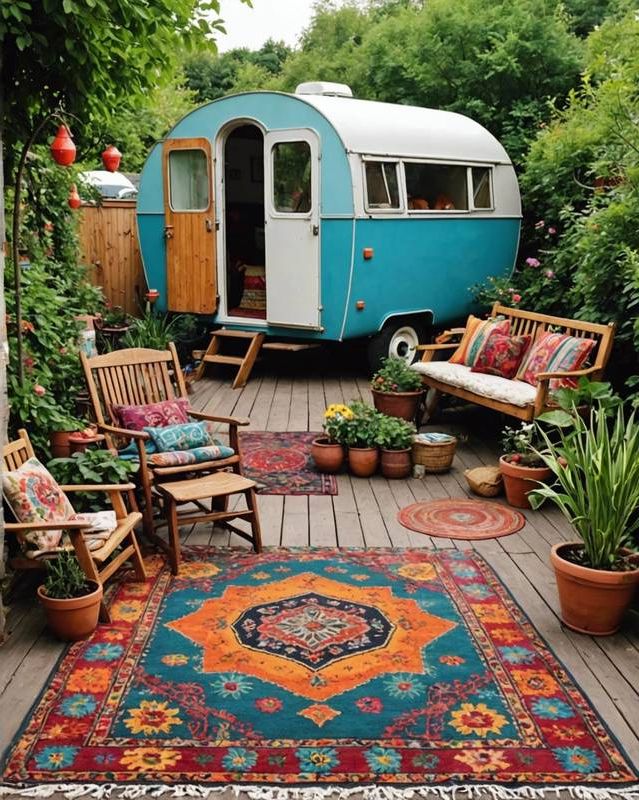 Gypsy-Style Garden With Caravan And Outdoor Rugs