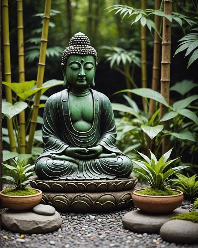 Peaceful Zen Garden With Buddha Statues And Bamboo