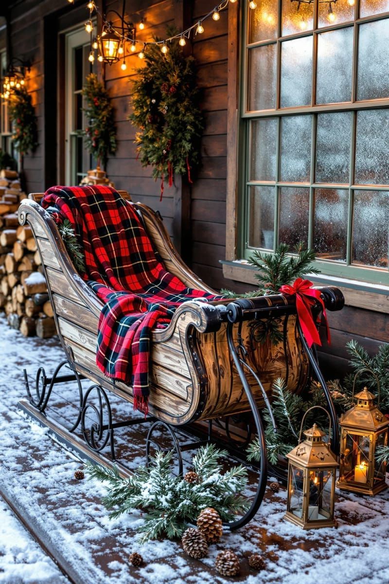 28. Porch sled styled with plaid blankets and pine sprigs