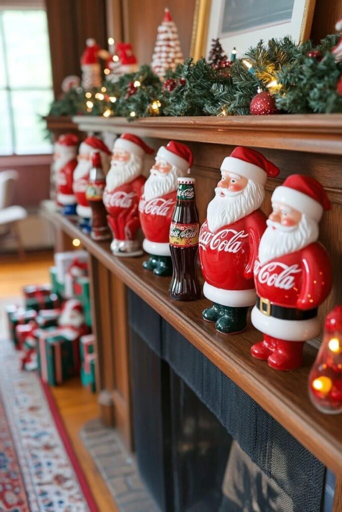 19. Vintage Coca-Cola Santa Statues with Fairy Lights