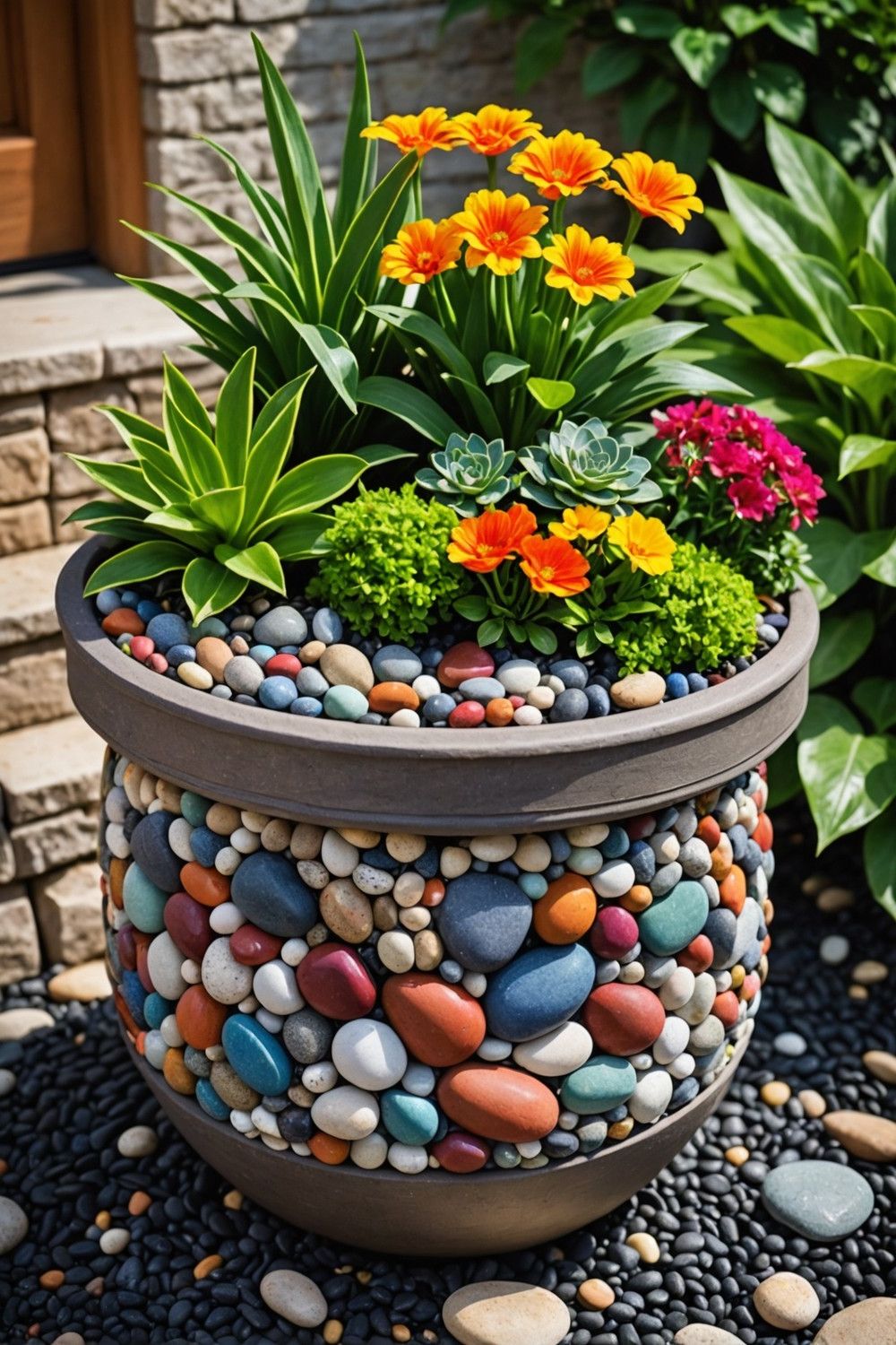 Adding Pebbles to Ornamental Planters