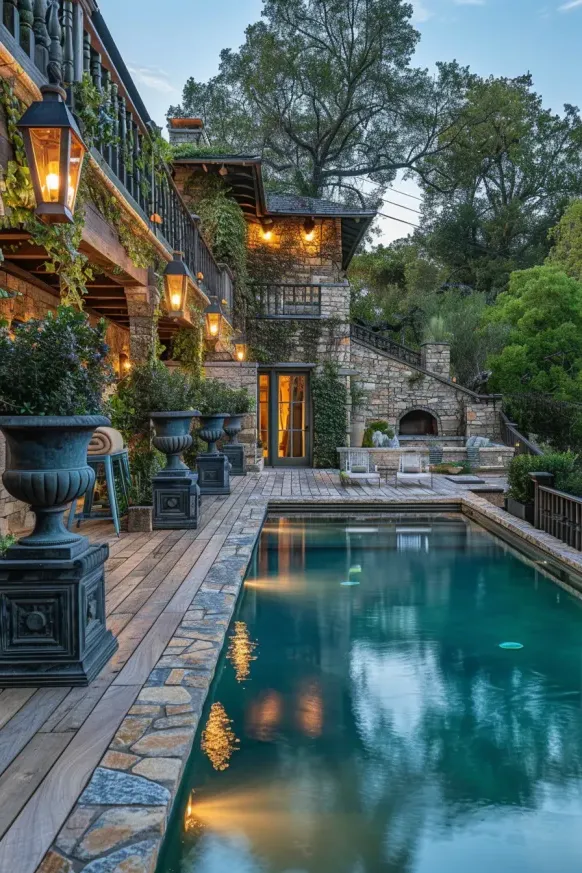 Rustic Stone Pool With Charming Lanterns