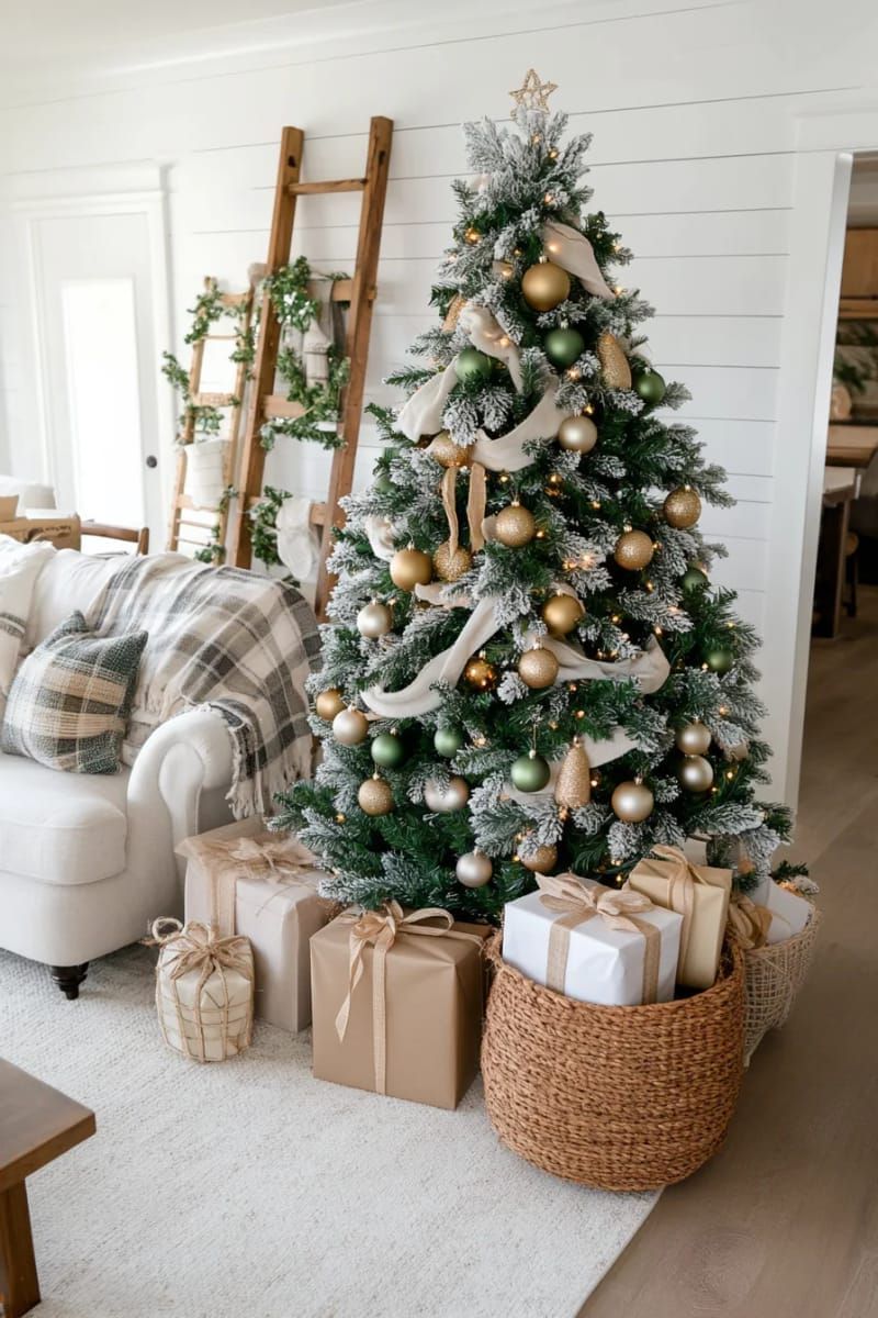 23. Flocked Tree With Green Cream Decor