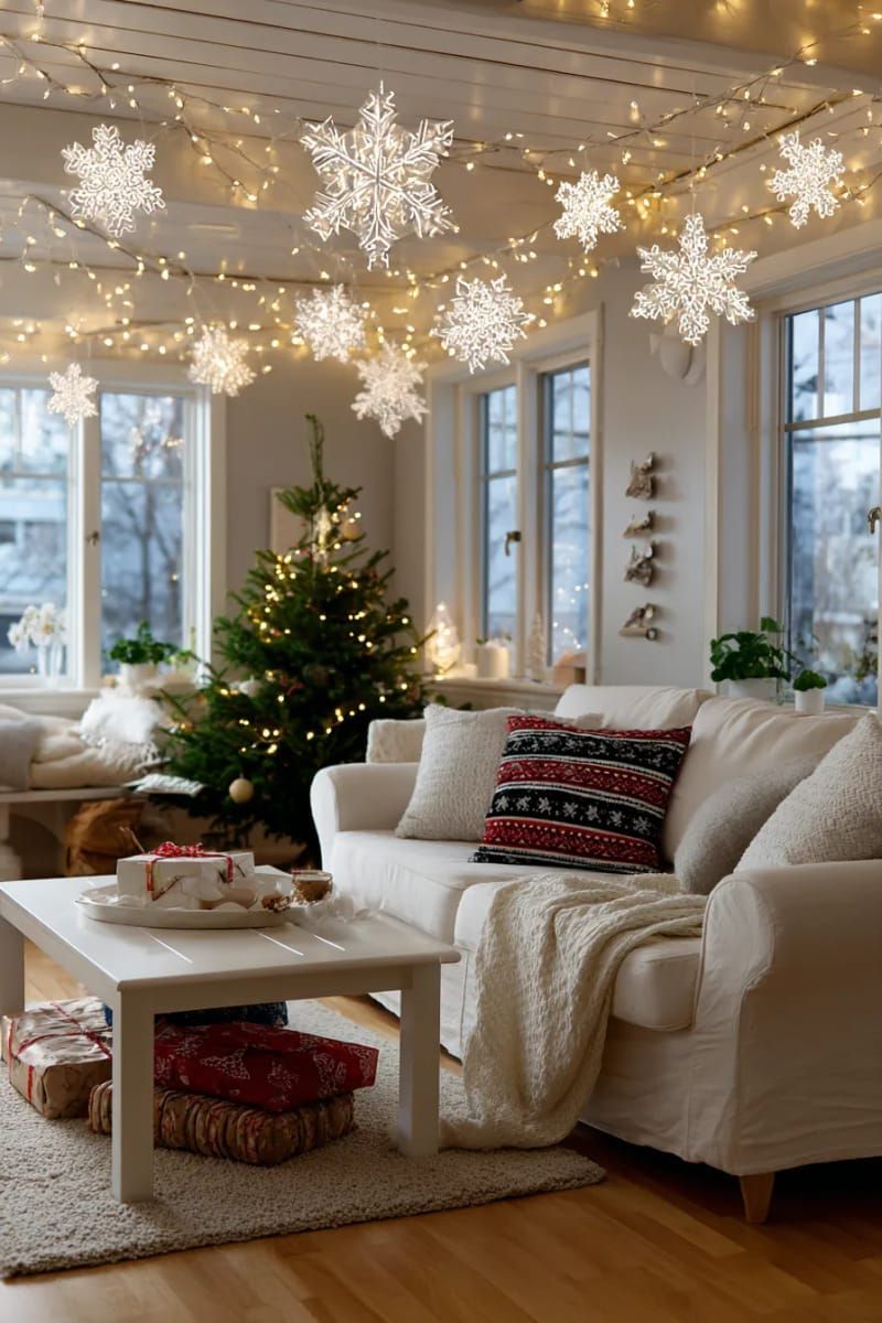 14. Paper Snowflakes and Twinkling Lights for the Living Room