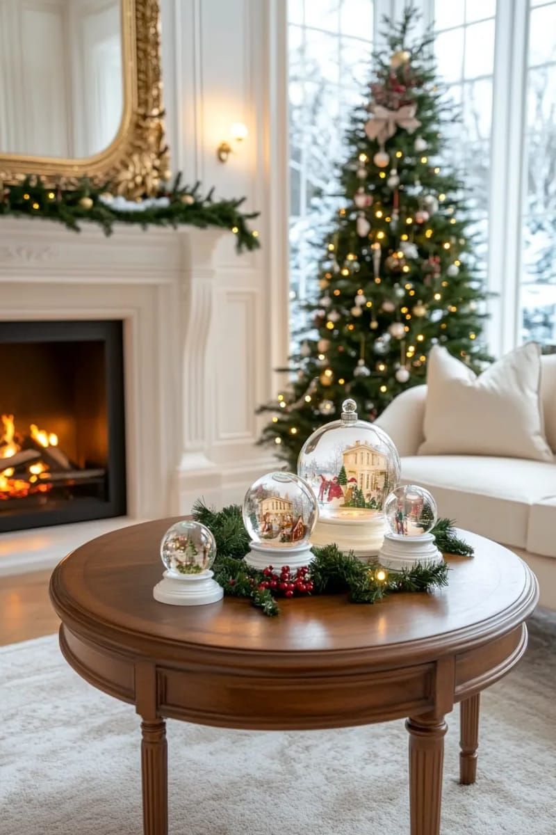 20. Whimsical snow globe collection displayed on a living room sideboard