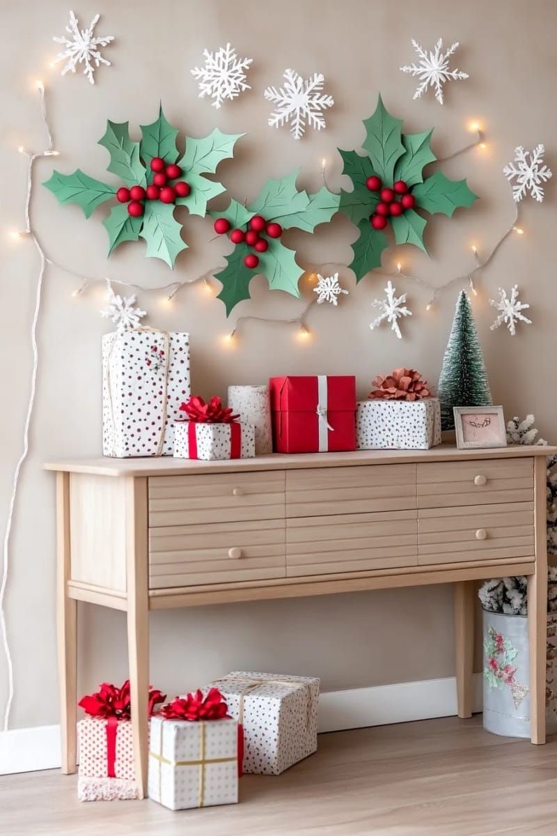 17. Holly Leaf and Berry Paper Garland for Walls