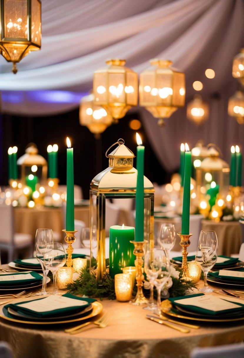 13) Gold lanterns with emerald candles