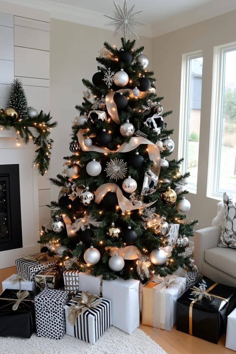7. Black and White Tree With Metallic Accents
