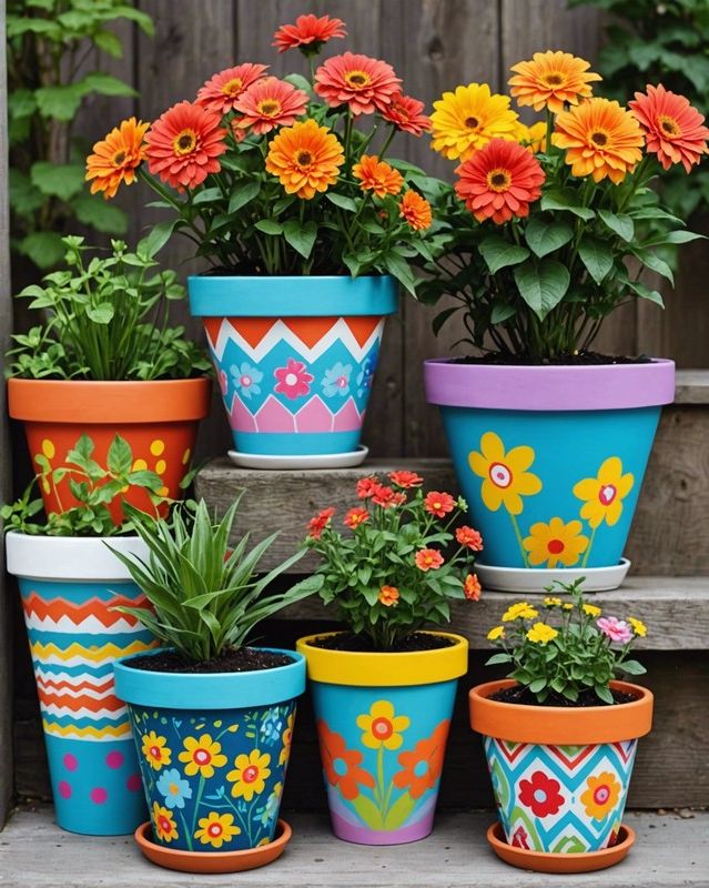 8) Patterned Painted Flower Pots