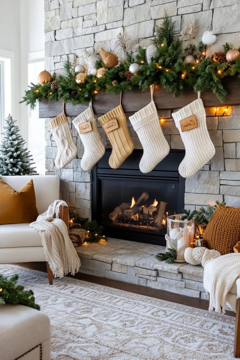 20. Upcycled Sweater Stockings with Wood Name Tags