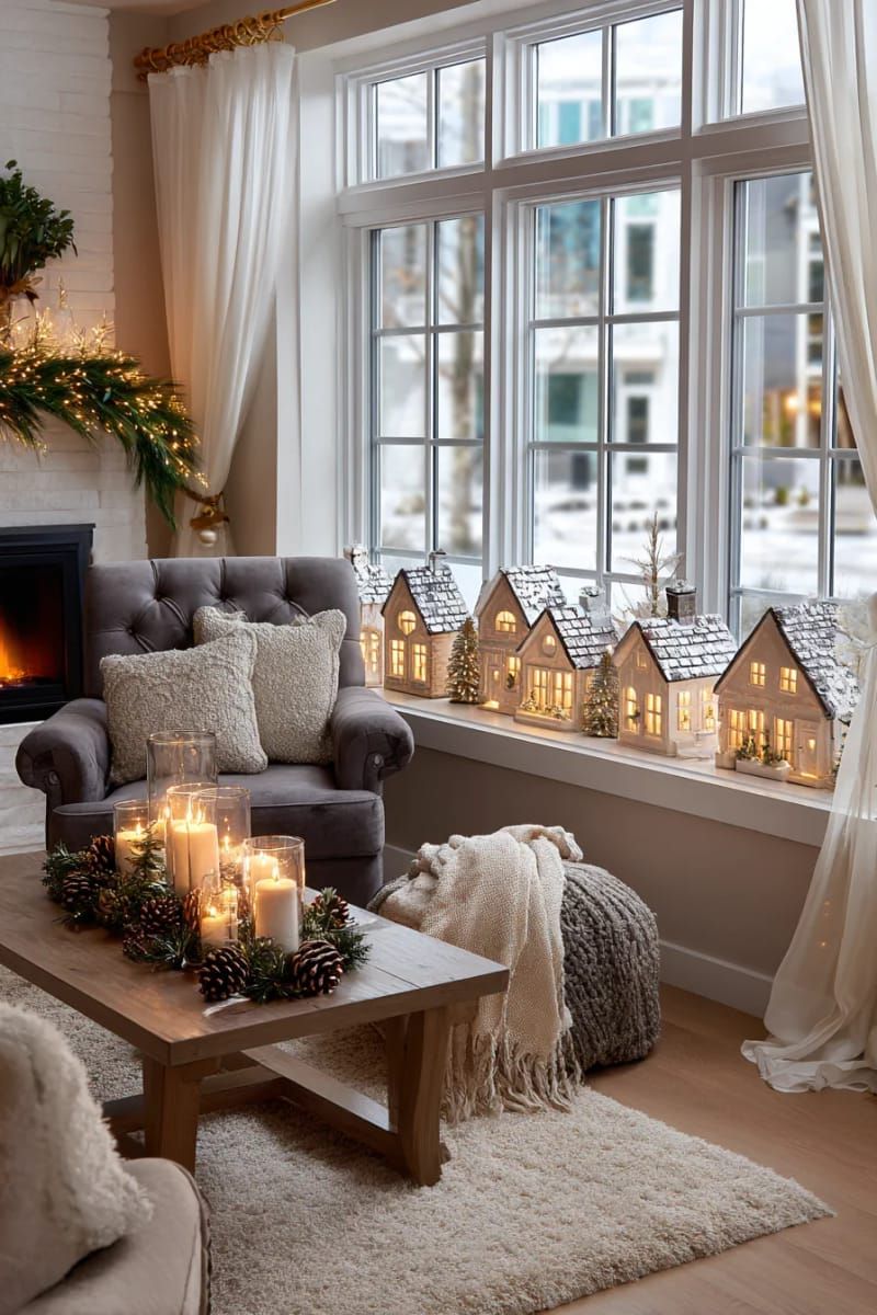 1. Mini ceramic Christmas village glowing on windowsill with twinkle lights