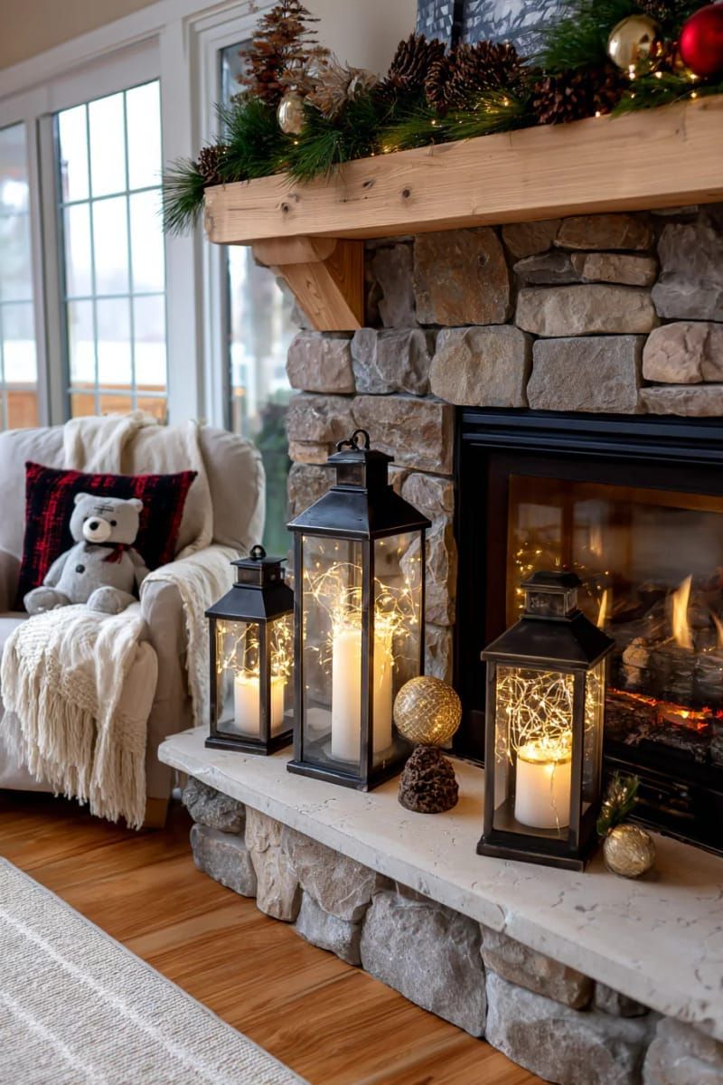13. Tiered Lanterns Glowing Beside the Fireplace