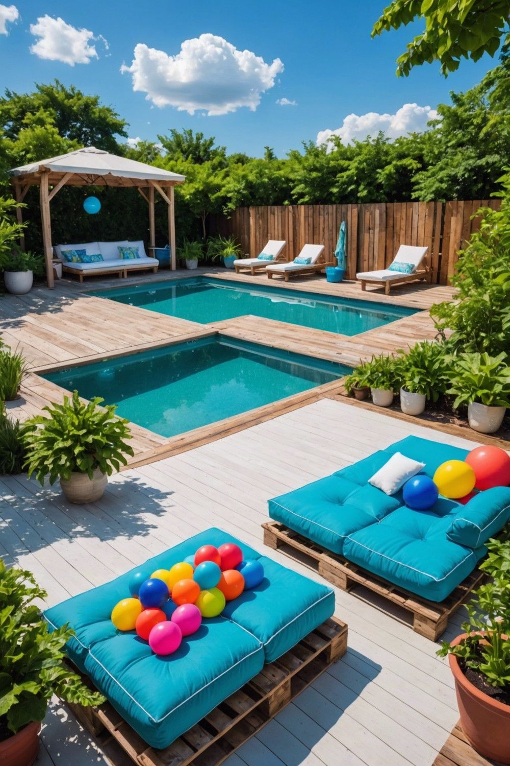 Pallet Pool Deck Paired With a Built-in Bench and Table