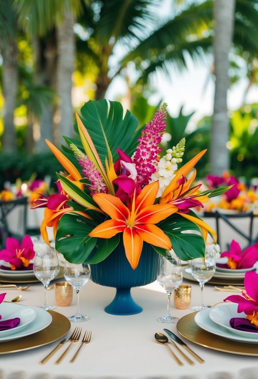 4) Bold tropical floral centerpieces
