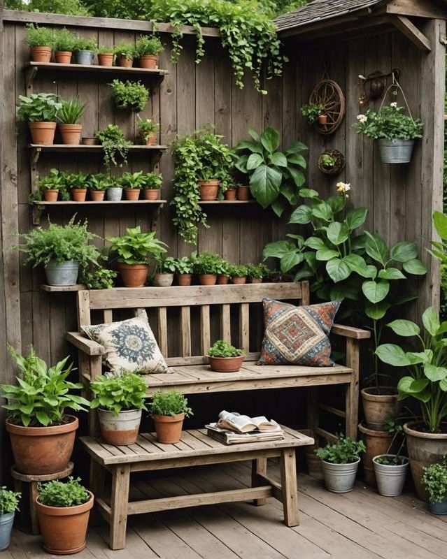 Rustic Garden Featuring Wooden Bench And Vintage Planters