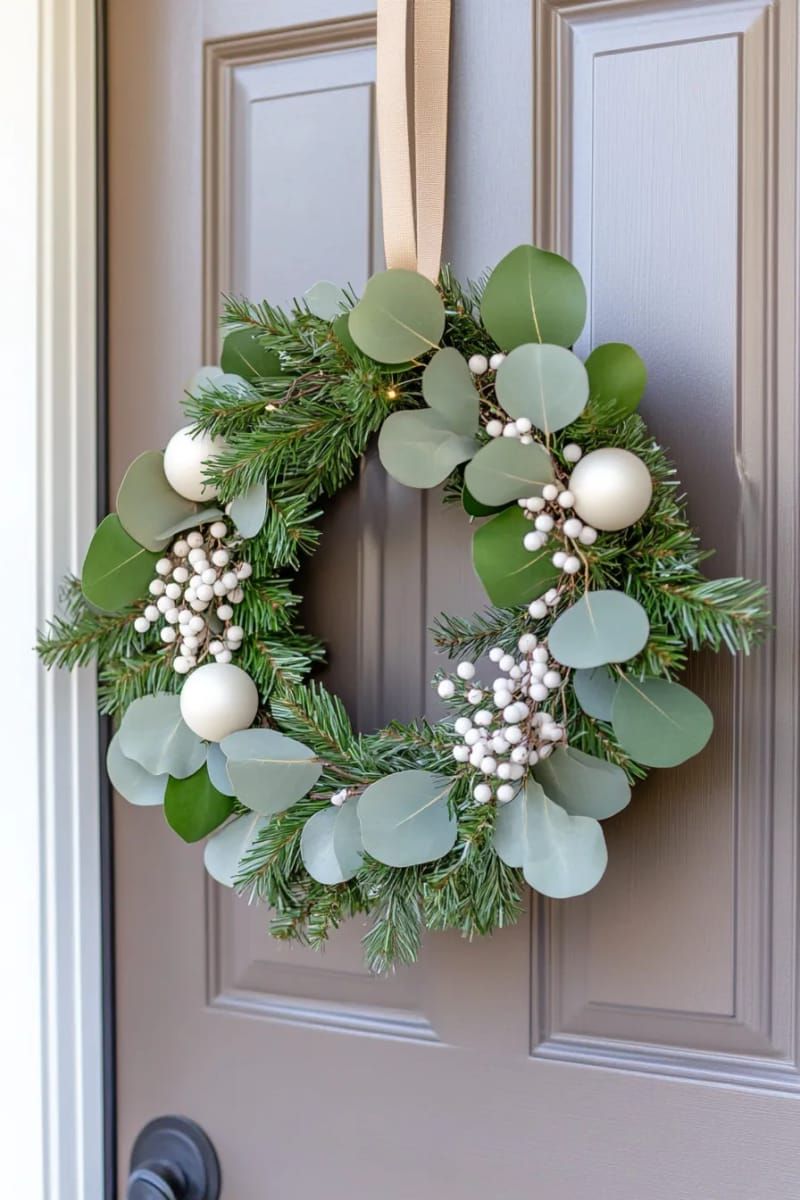 8. Modern neutral wreath with eucalyptus, pine, and white berries on front door