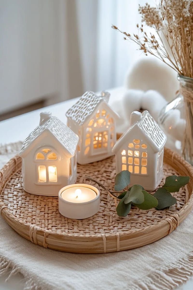 3. White Ceramic Houses With Tea Lights