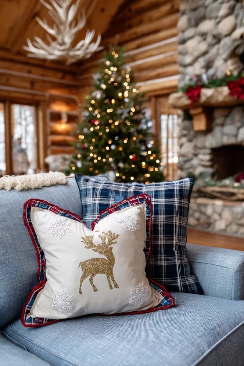 3. Hand-Stitched Christmas Trees on Plaid Pillows - photo 2