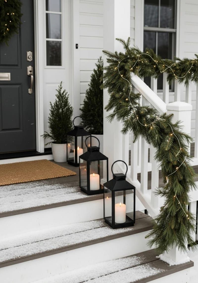 12. Pine garland and white lights along the railing