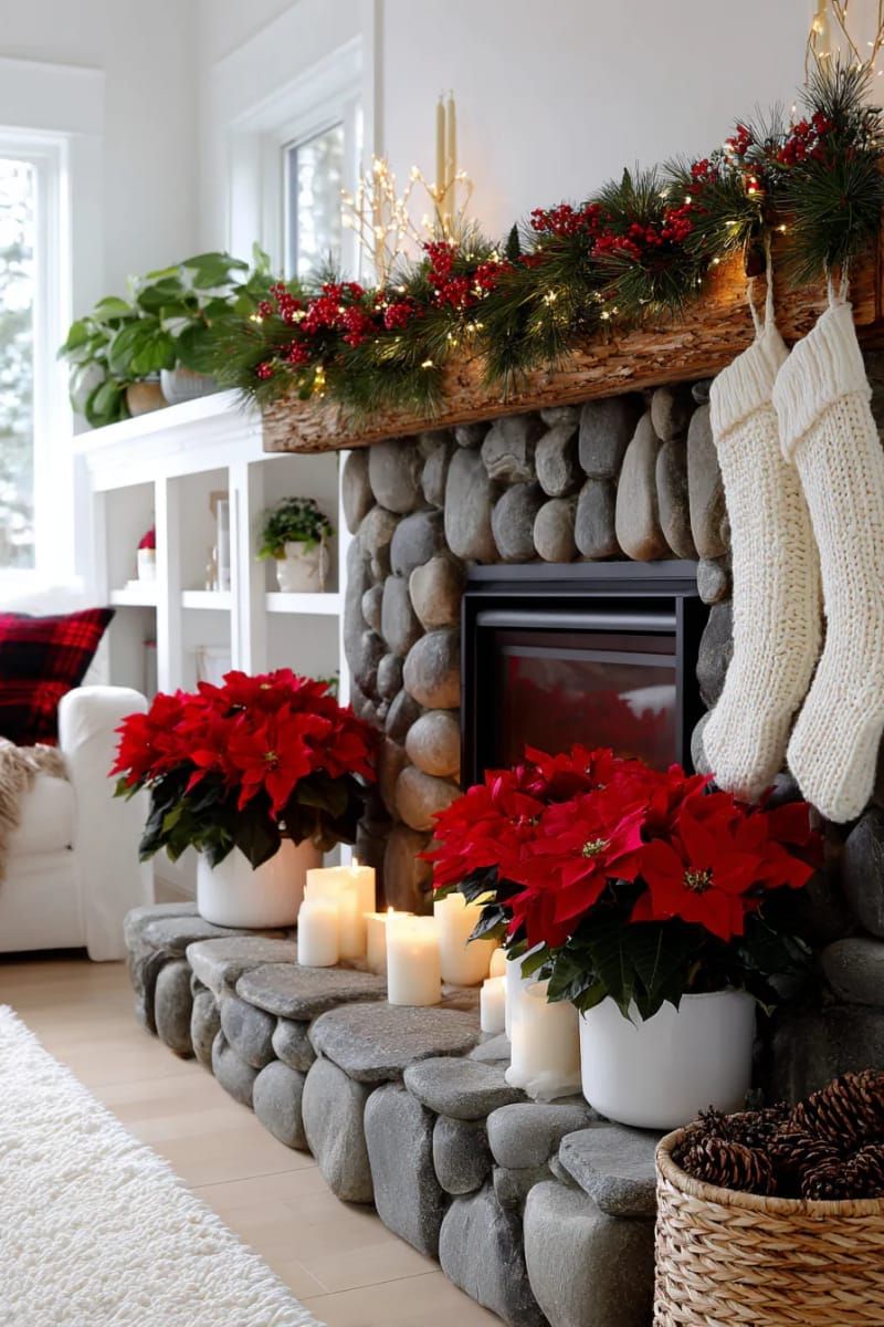 19. Bold red poinsettia clusters on the mantel